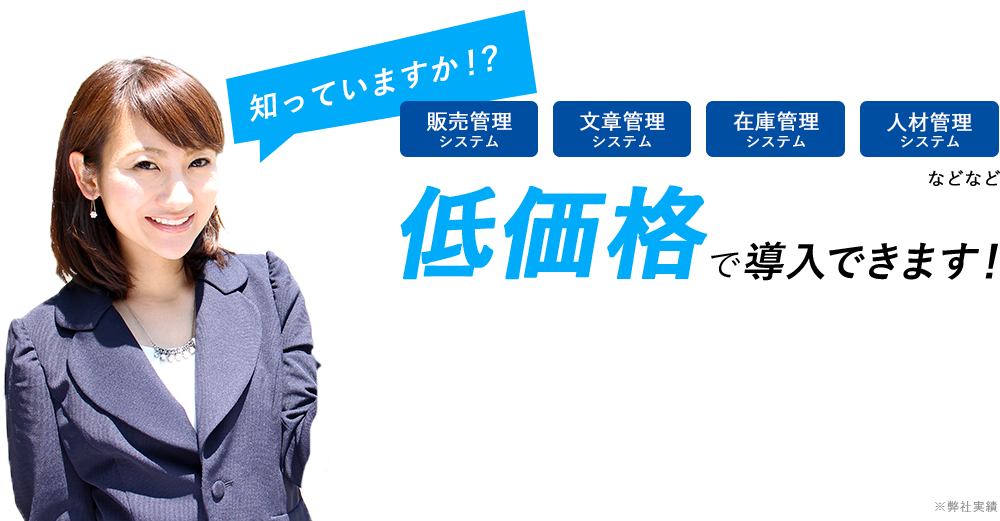 知っていますか!?
販売管理システム 文章管理システム 在庫管理システム 人材管理システムなどなど 安く導入できます!
